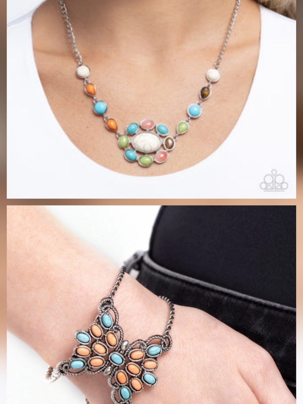 paparazzi Turquoise, Orange, Green & Cream Stone Necklace and Bracelet Set